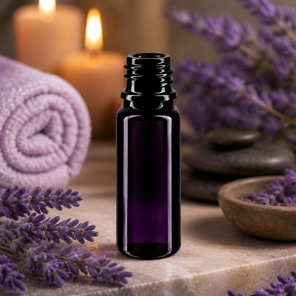Violett glasflaska 10ml DIN 18 (Mironglas) Liten violett glasflaska 10 ml med DIN 18-gänga, idealisk för lavendelolja och spa-tillämpningar