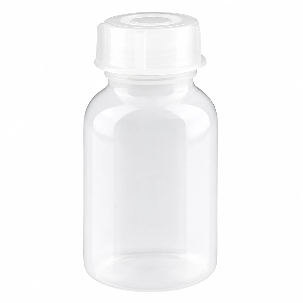 100ml laboratorieflaska med bred hals och skruvkork 100 ml genomskinlig laboratorieflaska med vid hals och vitt skruvlock av plast
