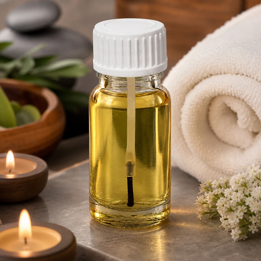 Penselflaska, 10 ml, klart glas med vit kork, fylld med guldgul olja på en spa-bakgrund