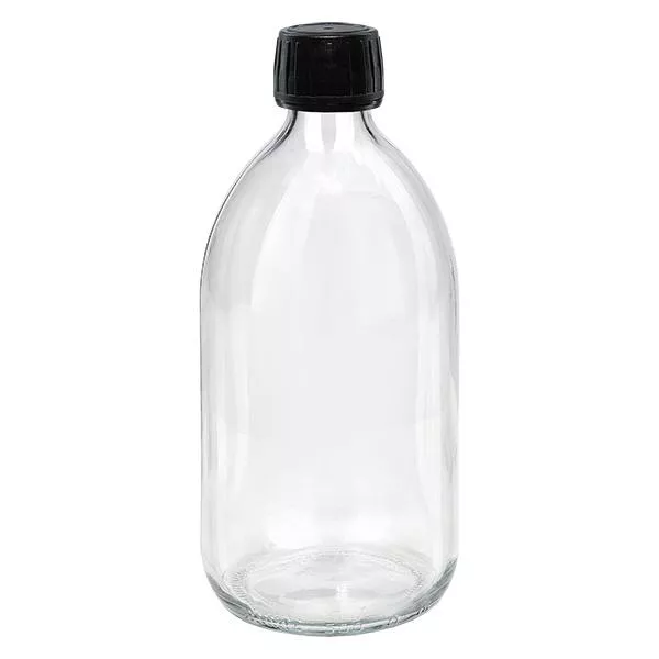 500 ml genomskinlig medicinflaska, svart lock med säkerhetsring ApoGlas