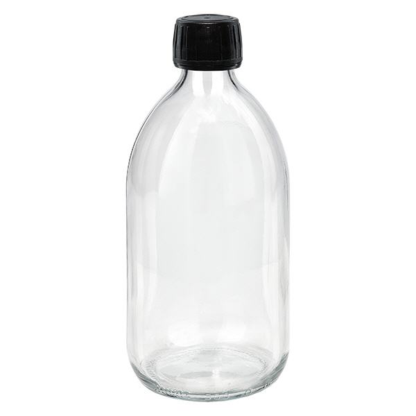 500 ml genomskinlig medicinflaska, svart lock med säkerhetsring ApoGlas