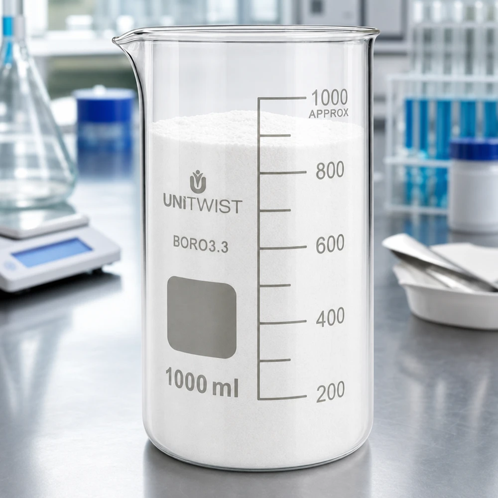 UNITWIST bägare, 1000 ml, hög modell, borosilikatglas, fylld med vitt pulver i laboratoriet