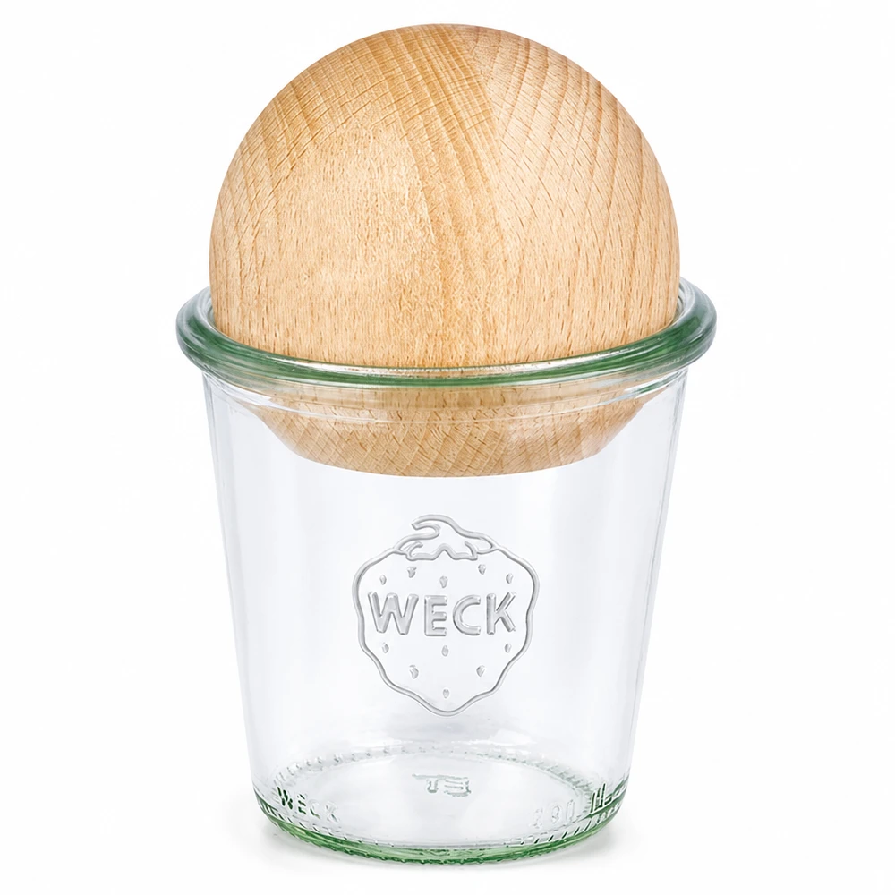 290 ml Krossade glasögon WECK RR80 med träkula bok WECK tumlingsburk 290ml RR80 med bokboll trälock konserveringsburk transparent