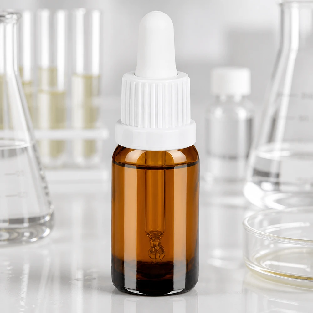 10 ml pipettflaska av UV-skyddande bärnstensfärgat glas med vit pipett för säker förvaring