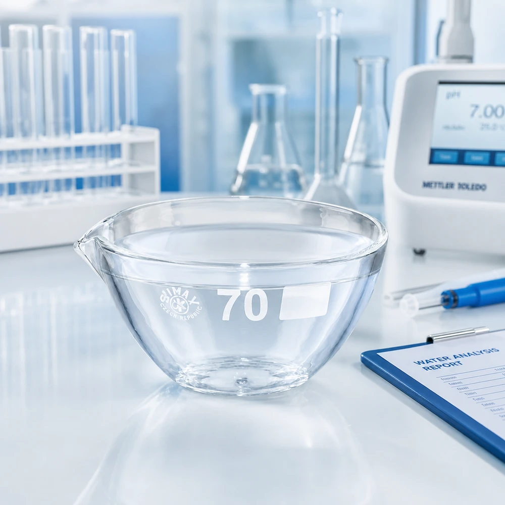 60ml indunstningsskål med pip av borosilikat ø70mm Exakt avdunstningsskål 60ml ø70mm med pip för kvantitativa analyser och avdunstningsprocesser i laboratoriet