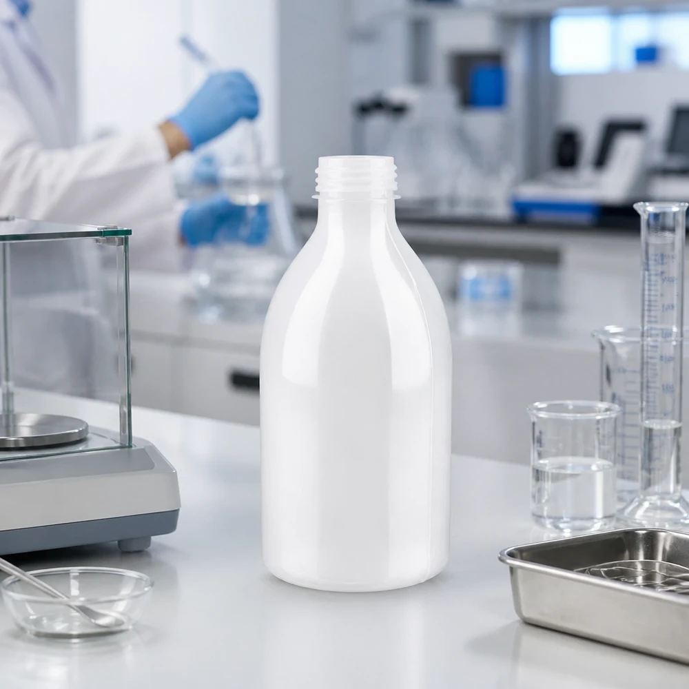 250ml laboratorieflaska med smal hals utan lock 250 ml vit laboratorieflaska med smal hals utan lock på en laboratorievåg bredvid ett bägarglas och en mätcylinder