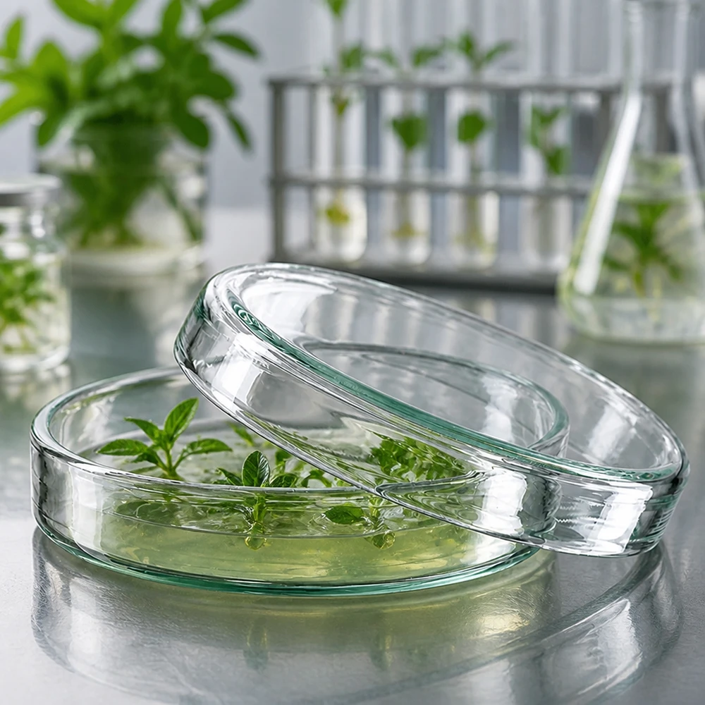 60 mm petriskål av klart laboratorieglas för odling av mikroorganismer och cellkulturer. Höjd 15 mm Petriskål av glas, 60 × 15 mm, med växtskott i näringslösning framför provrör i laboratoriet