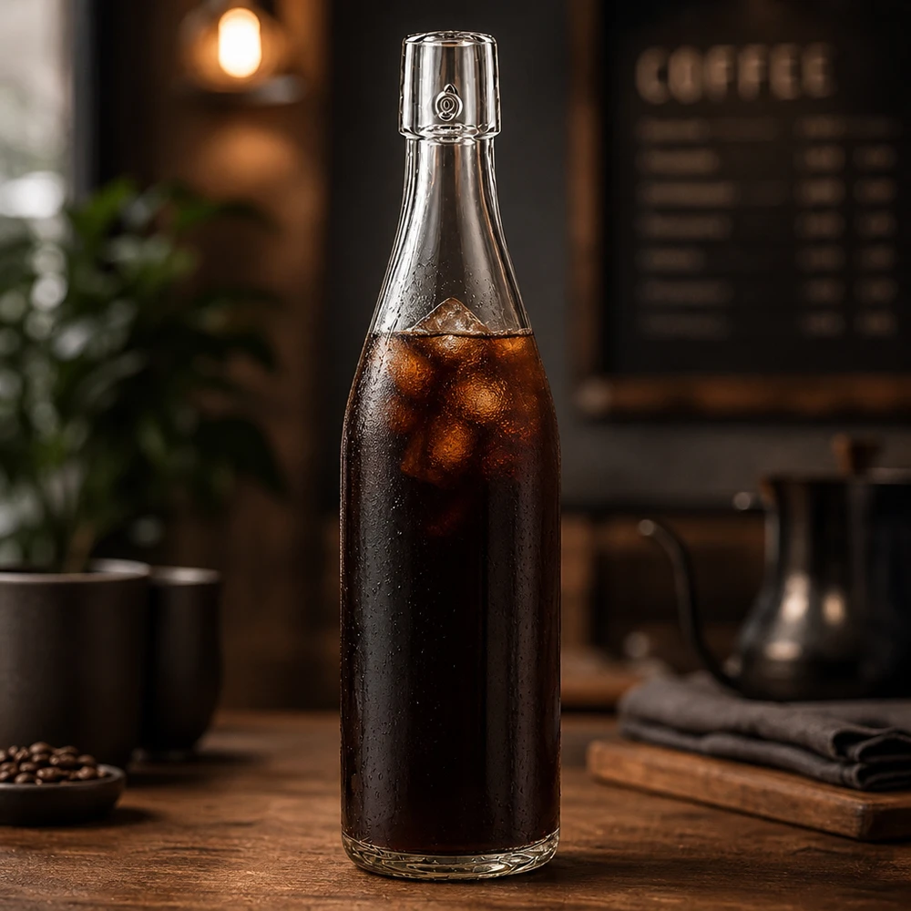 500ml glasflaska utan svängbar topp UNiTWIST 500ml UNiTWIST Glasflasche mit Cold Brew Kaffee befüllt und Eiswürfeln in stylischer Café-Atmosphäre