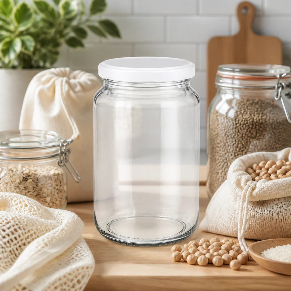Rund burk 382 ml med lock BasicSeal vit UNiTWIST 382ml UNiTWIST Rundglas mit weißem BasicSeal Deckel in nachhaltiger Zero-Waste Küche mit Hülsenfrüchten und Stoffbeuteln