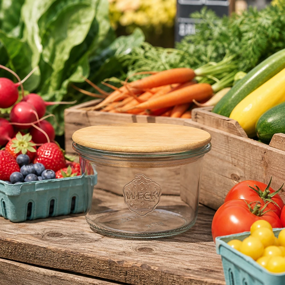 80ml Krossade glasögon WECK RR60 med trälock WECK Sturzglas 80ml RR60 mit Bambusdeckel auf Holztisch zwischen frischem Gemüse Obst Marktstand Atmosphäre