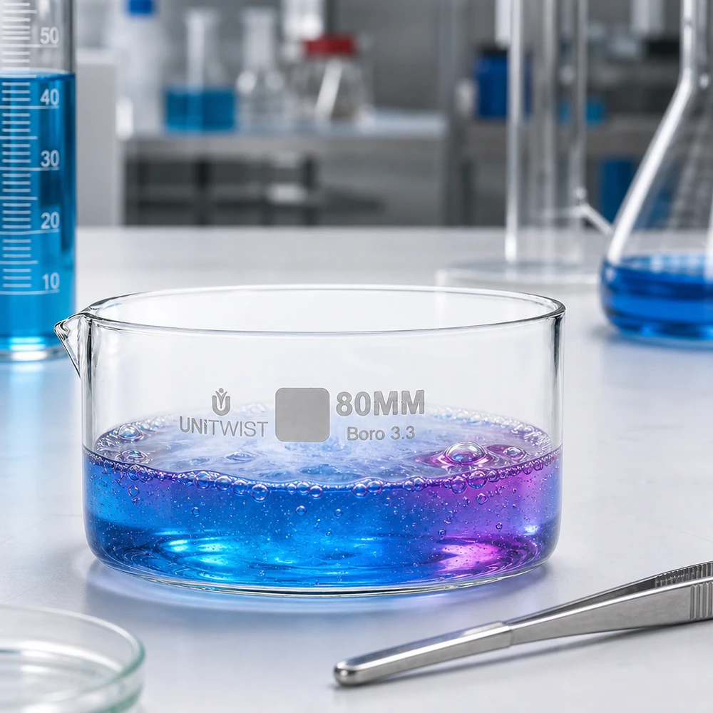 Kokande violettblå lösning i kristallisationsskål, 80 mm, borosilikatglas, UNiTWIST, laboratorieförsök