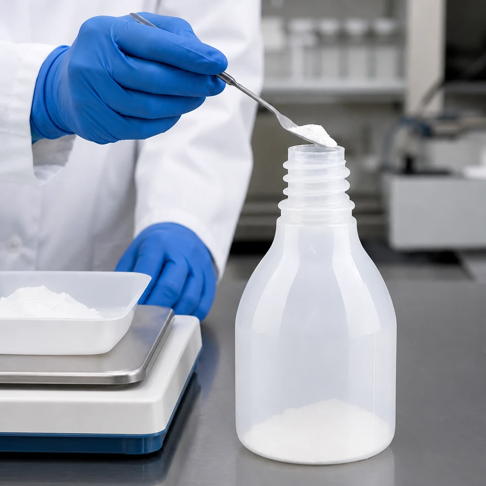 30 ml laboratorieflaska av plast med smal hals utan lock, fylld med vitt pulver