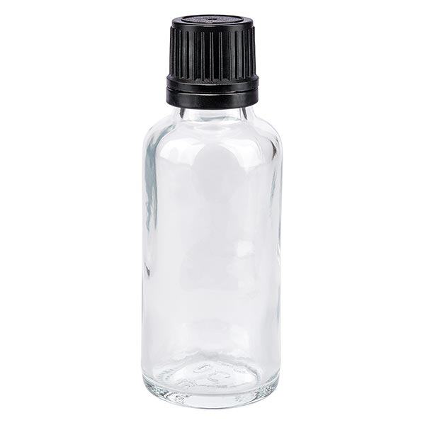 Apoteksflaska klar 30ml droppflaska med hällring 1mm svart manipuleringssäkert lock Apoteksflaska klar 30ml droppflaska med hällring 1mm svart manipuleringssäkert lock