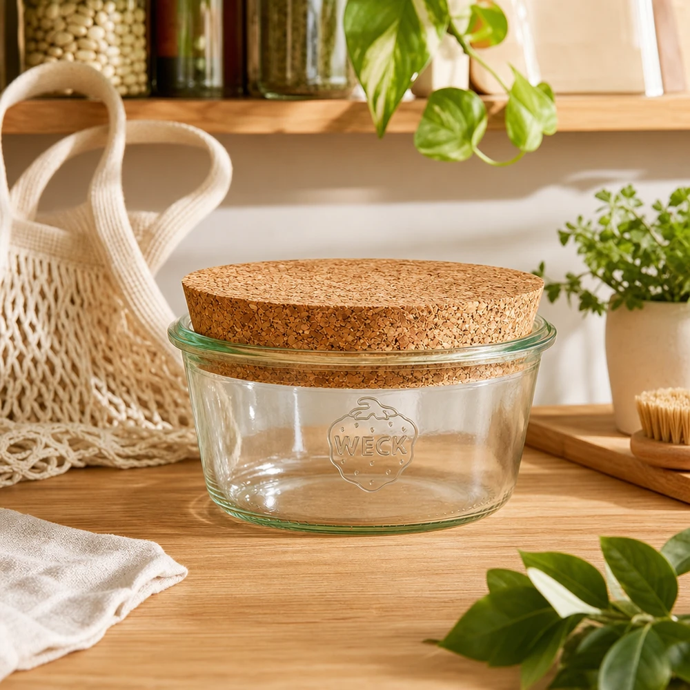 WECK förvaringsburk 290ml RR100 med korklock i hållbart zero-waste kök med växter och nätpåse