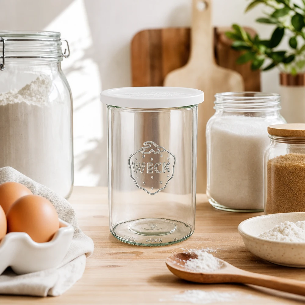 1000ml Krossade glasögon med lock WECK RR100 WECK tumblingburk 1000ml RR100 tom konserveringsburk med nytt lock mellan mjöl ägg och köksredskap visar bakningstillbehör