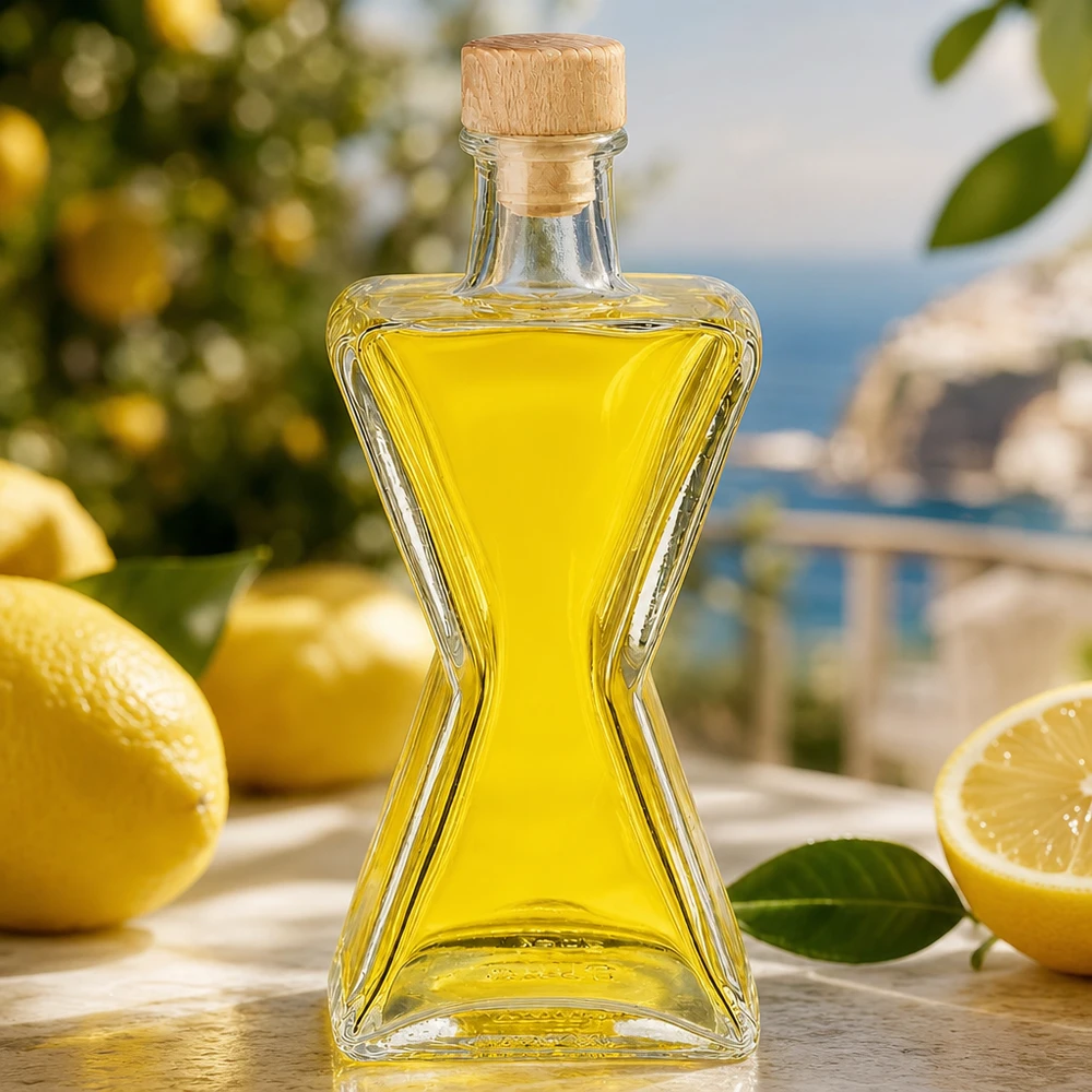 200 ml Star-glasflaska fylld med gul olja bredvid citroner - UNiTWIST träkork för limoncello och spritdrycker