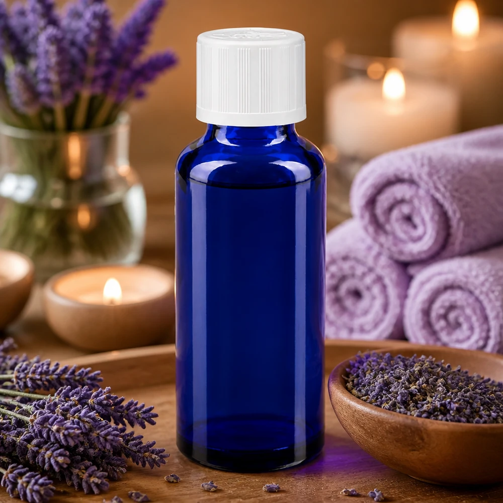 Apoteksflaska blå 30ml skruvkork vit barnsäker standard Blå glasflaska på 30 ml med vitt barnsäkert lock framför lavendelblommor och ljus