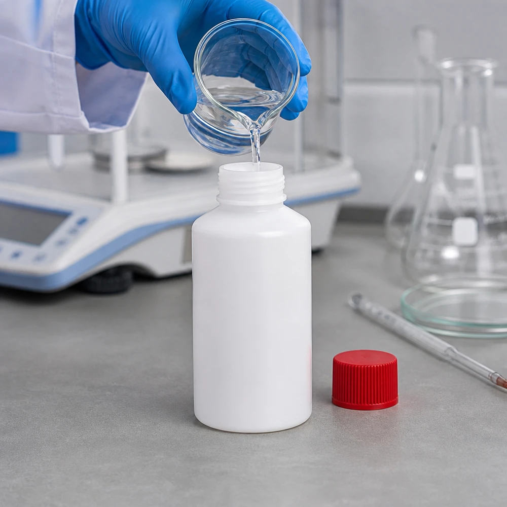 Apoteksflaska HDPE 50ml vit, med rött skruvlock Rund HDPE-plastbehållare, 50 ml, vit, med rött barnsäkert lock för laboratoriemiljö