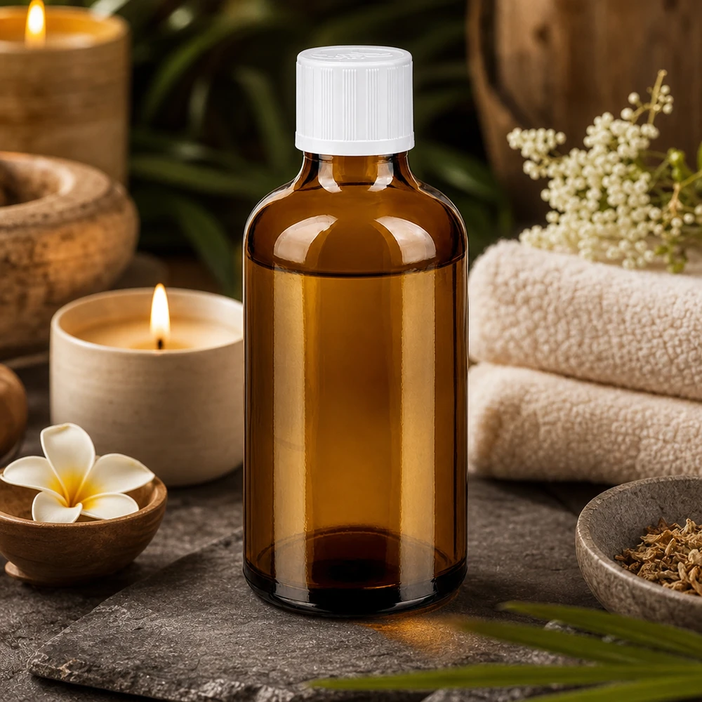 Apoteksflaska brun 50ml skruvkork vit barnskyddande standard 50 ml brun glasflaska med vitt KiSi-lock i spa-miljö med ljus och handdukar