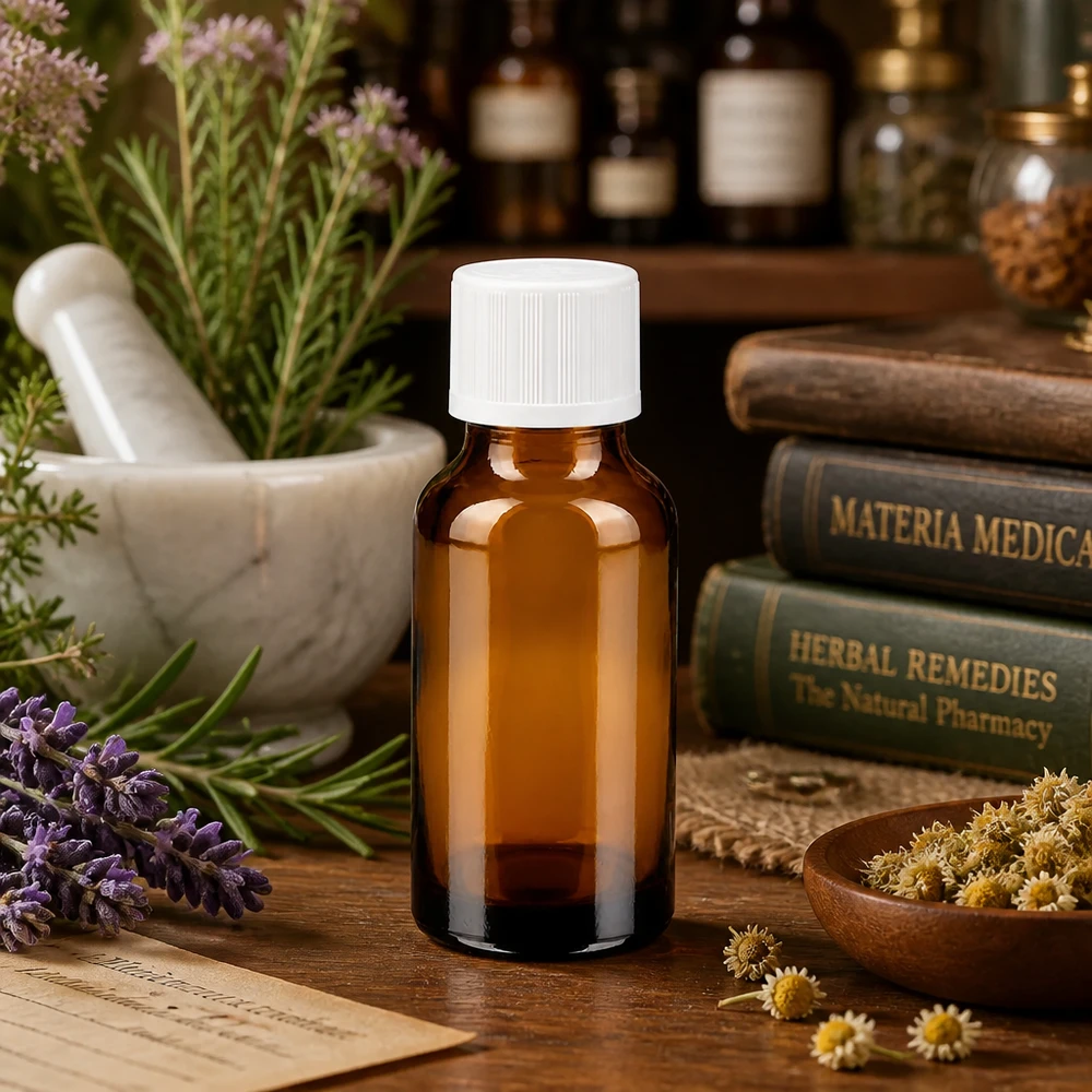 Apoteksdroppflaska, 20 ml, brunt glas med vitt KiSi-lock framför Materia Medica-böcker
