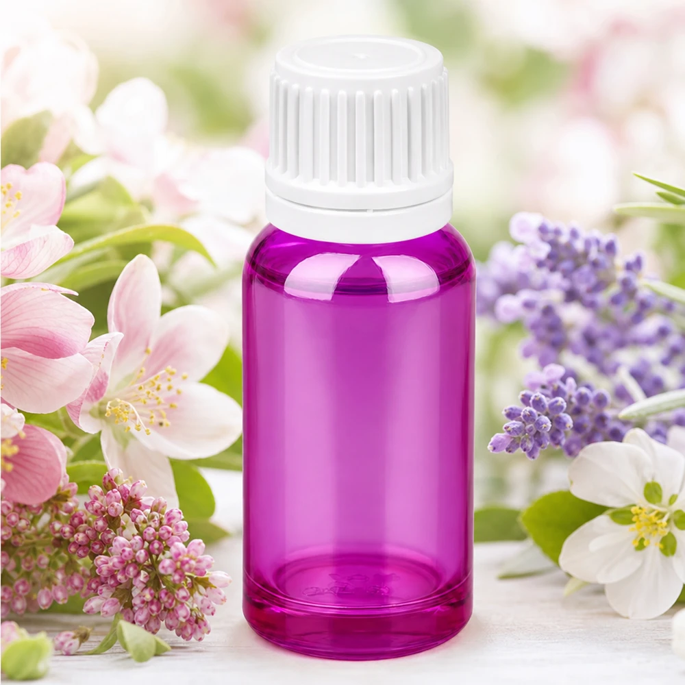 Elegant 20 ml violett glasflaska med vitt SV-lock för högkvalitativa essenser och extrakt