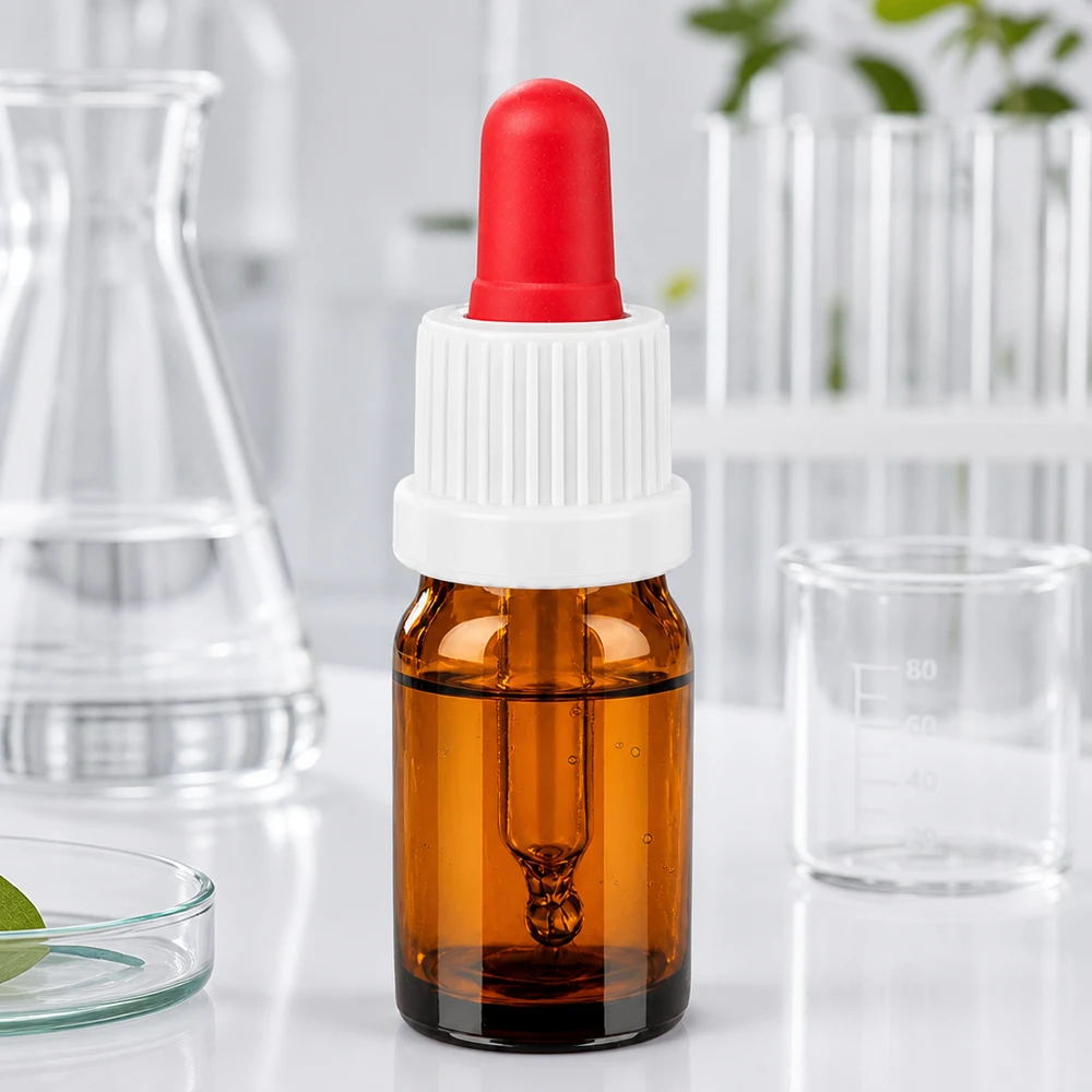 5ml Pipettflaska vit/röd med säkerhetsförslutning BrownLine UT18/5 Professionell 5 ml laboratorieflaska av UV-skyddande glas med droppipett för vetenskapliga tillämpningar