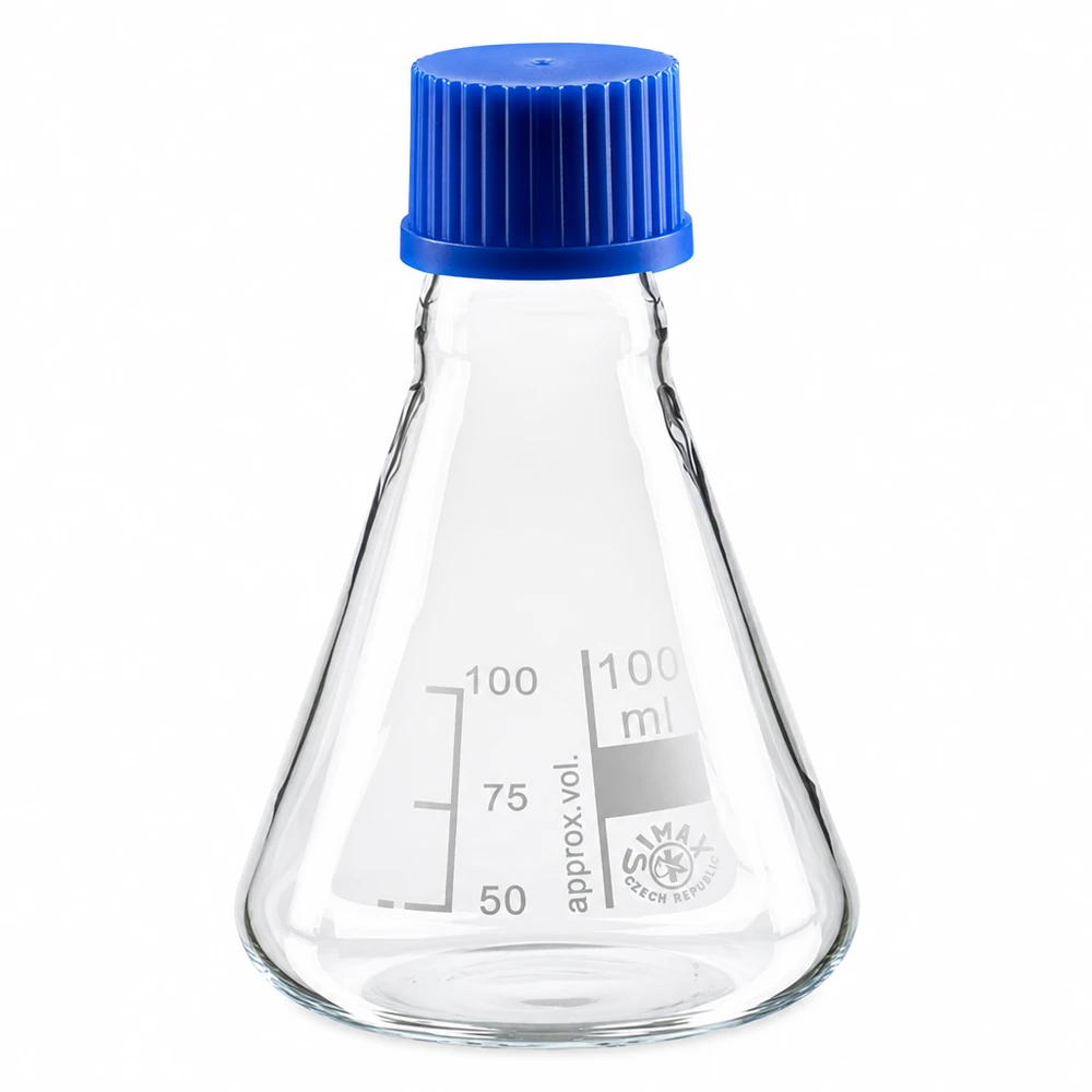 Erlenmeyerkolv 100ml av glas med blått skruvlock för laboratoriebruk