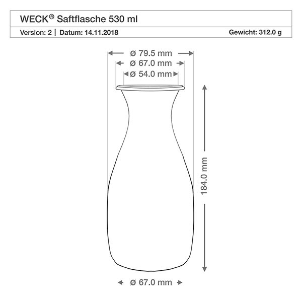 530ml juiceflaska WECK RR60 med kork naturell WECK Saftflasche 530ml technische Zeichnung mit Maßangaben Durchmesser Höhe Gewicht Spezifikation Produktdetails