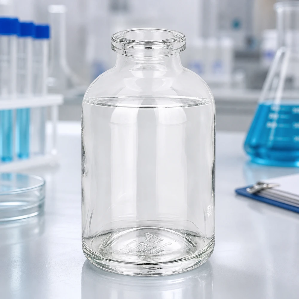 Injektionsflaska klarglas 50ml Kompakte Injektionsflasche 50ml Klarglas mit charakteristischer Schulterform und Enghals