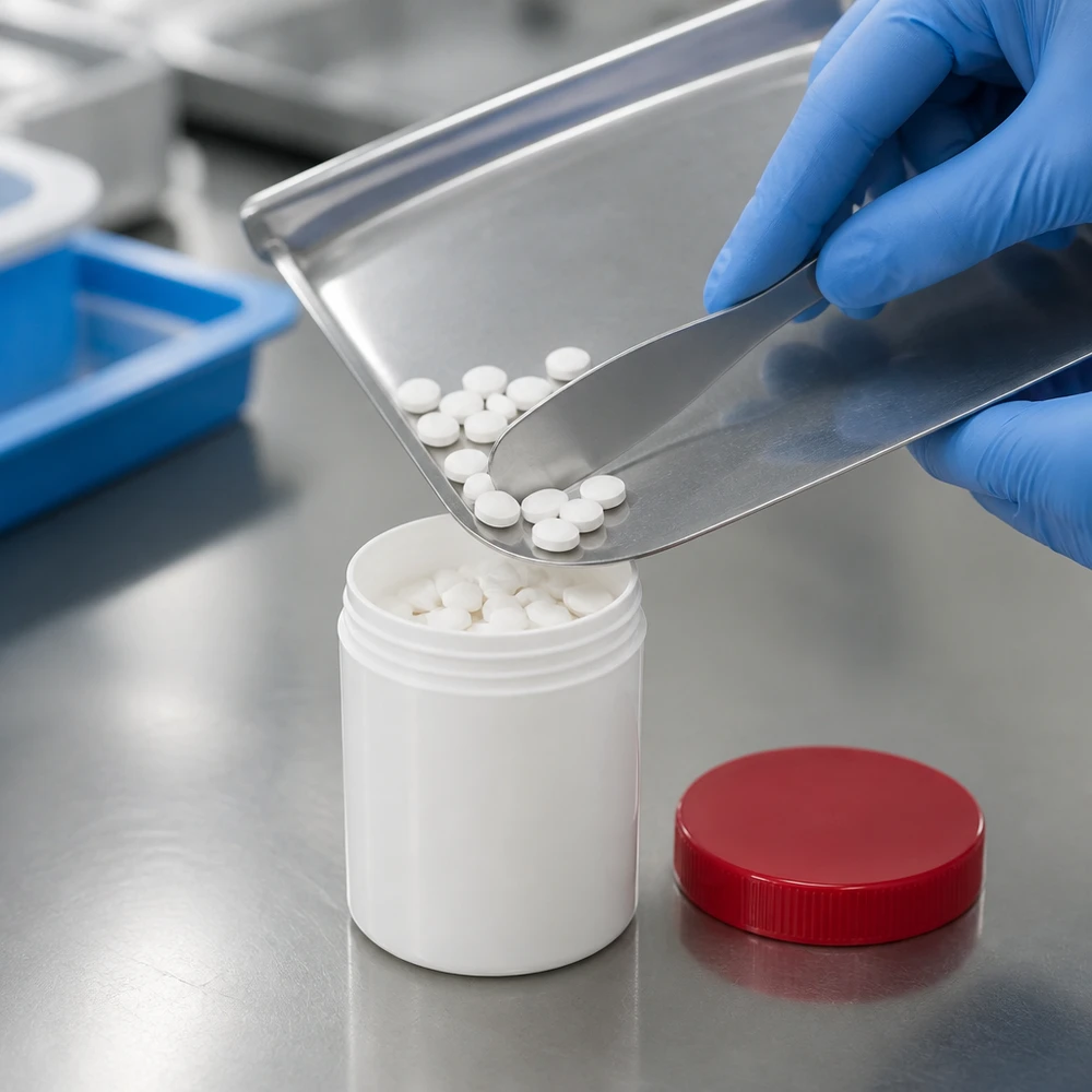 Salvburk 20g vit med rött skruvlock (polypropylen) Vit PP-salvburk på 20 g med rött skruvlock fylls med vita tabletter på en metallbricka