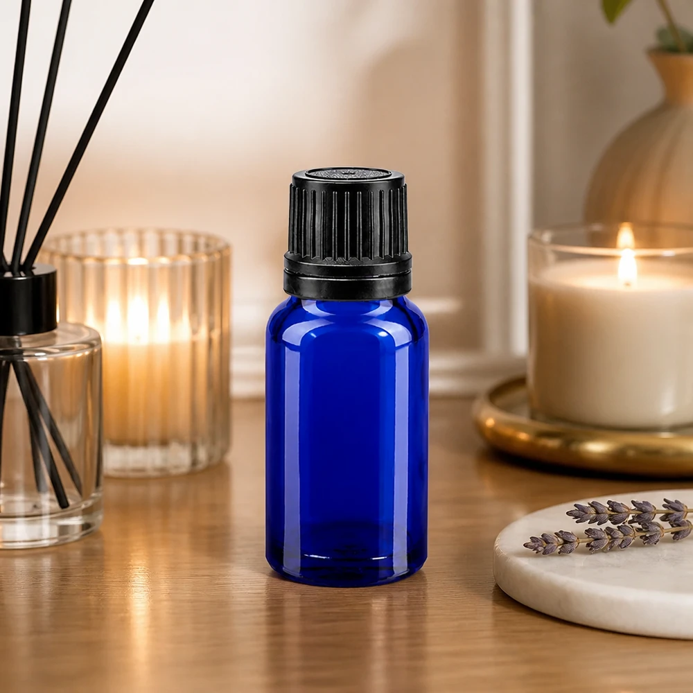 Apoteksflaska blå 10ml dropplock hällring 1mm svart manipuleringssäkert lock Liten 10 ml apoteksglasflaska i blått med svart droppkork för aromaterapi och oljor