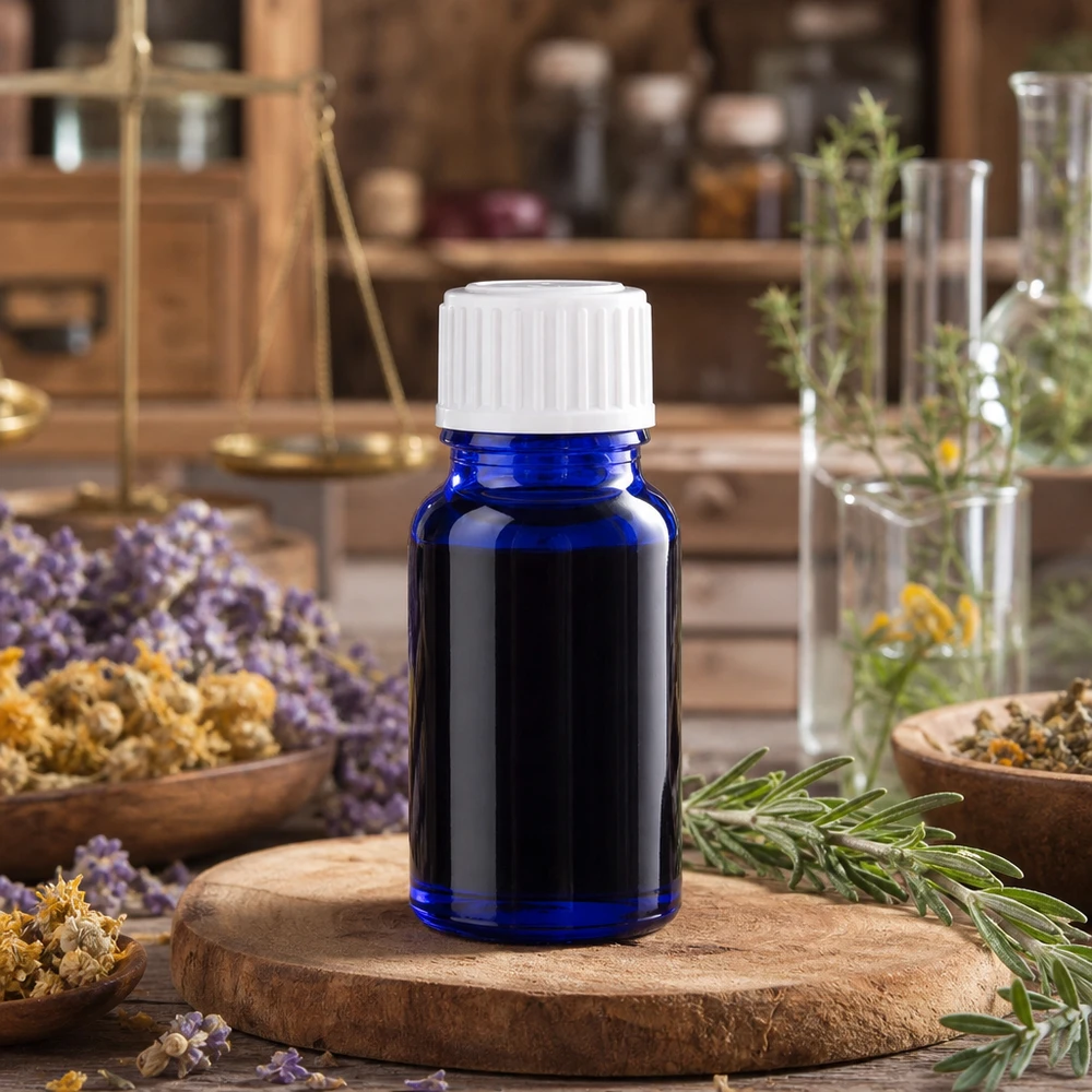 Apoteksflaska blå 10ml skruvkork vita globules standard Blå 10 ml-flaska med vitt skruvlock, omgiven av lavendel och medicinalväxter