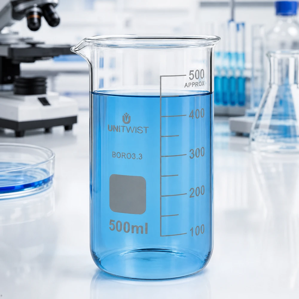 UNITWIST bägare, 500 ml, hög modell med blå vätska på en vit laboratorieyta