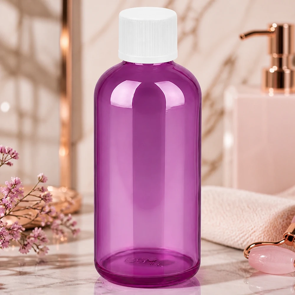 100 ml kosmetikflaska av högkvalitativ plast i elegant lila med säkert lock