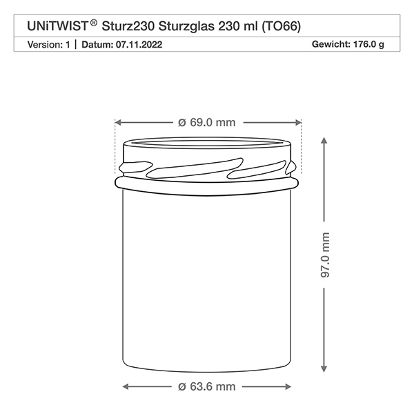 230ml Krossade glasögon utan lock (TO66) UNiTWIST UNITWIST Sturz230 dricksglas 230ml TO66 teknisk ritning med mått 69mm diameter 97mm höjd vikt 176g