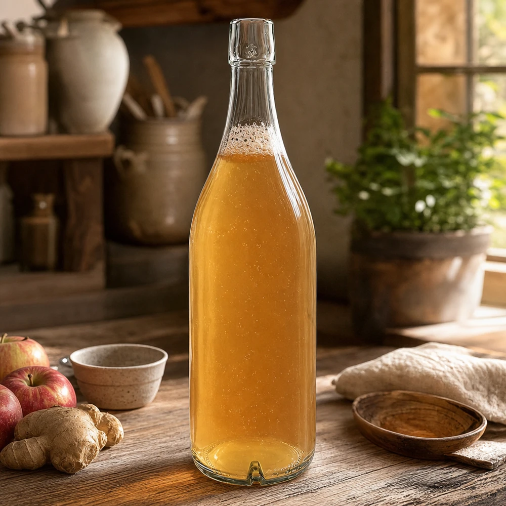 1000ml glasflaska utan svängbar topp UNiTWIST 1000 ml glasflaska med UNiTWIST med gyllene innehåll på ett träbord bredvid äpplen och ingefära i ett rustikt kök