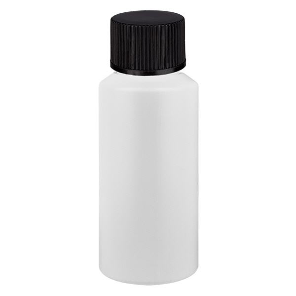 Apoteksflaska HDPE 30ml vit, med svart skruvlock Apoteksflaska HDPE 30ml vit, med svart skruvlock