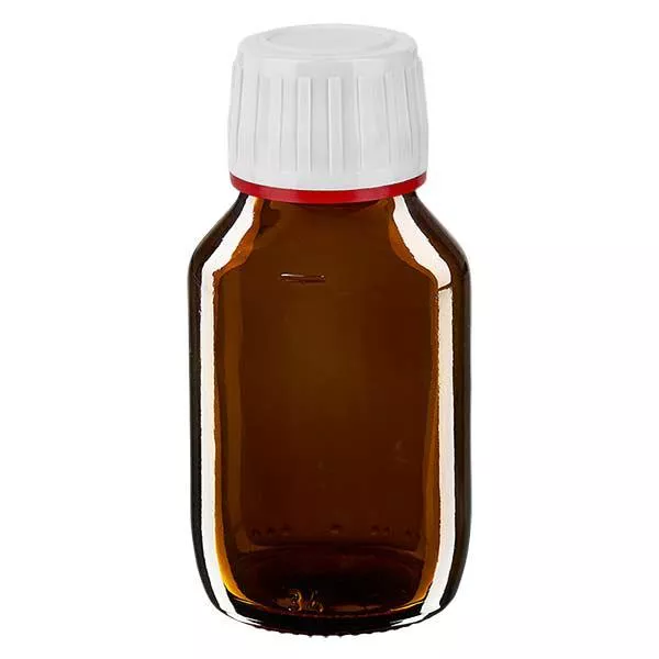 50 ml medicinflaska brun, lock vit med säkerhetsring röd ApoGlas 50 ml medicinflaska brun, lock vit med säkerhetsring röd ApoGlas