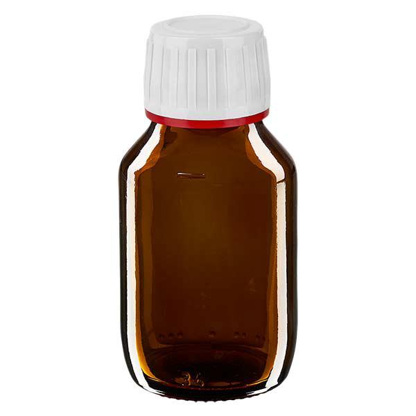 50 ml medicinflaska brun, lock vit med säkerhetsring röd ApoGlas 50 ml medicinflaska brun, lock vit med säkerhetsring röd ApoGlas