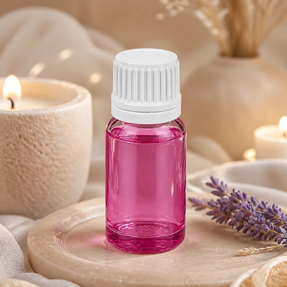 Kompakt 10 ml violett glasflaska med vitt lock, perfekt för resor och när du är på språng