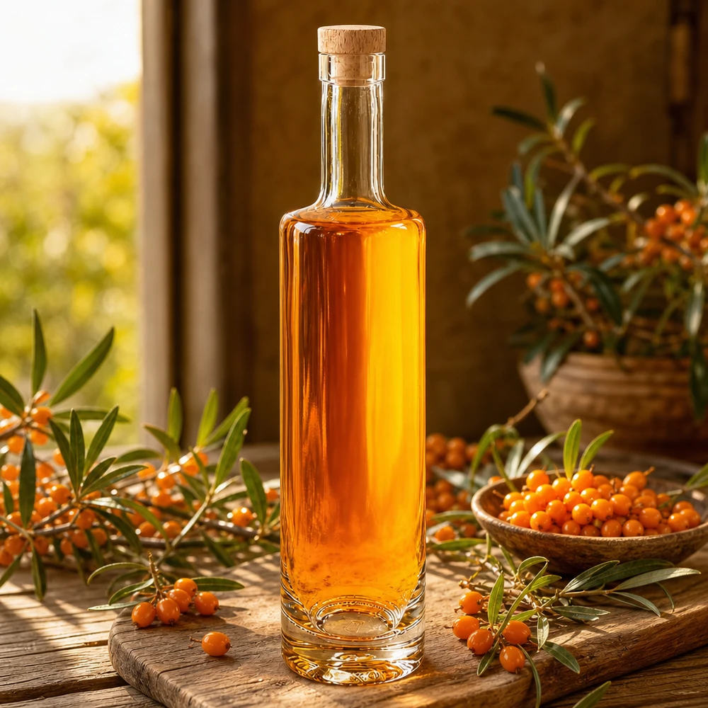 500 ml glasflaska Lina med kork med trähandtag UNiTWIST® 500ml Glasflasche Lina mit Holzkorken gefüllt mit Sanddornöl zwischen Sanddornbeeren warmes Sonnenlicht Ambiente