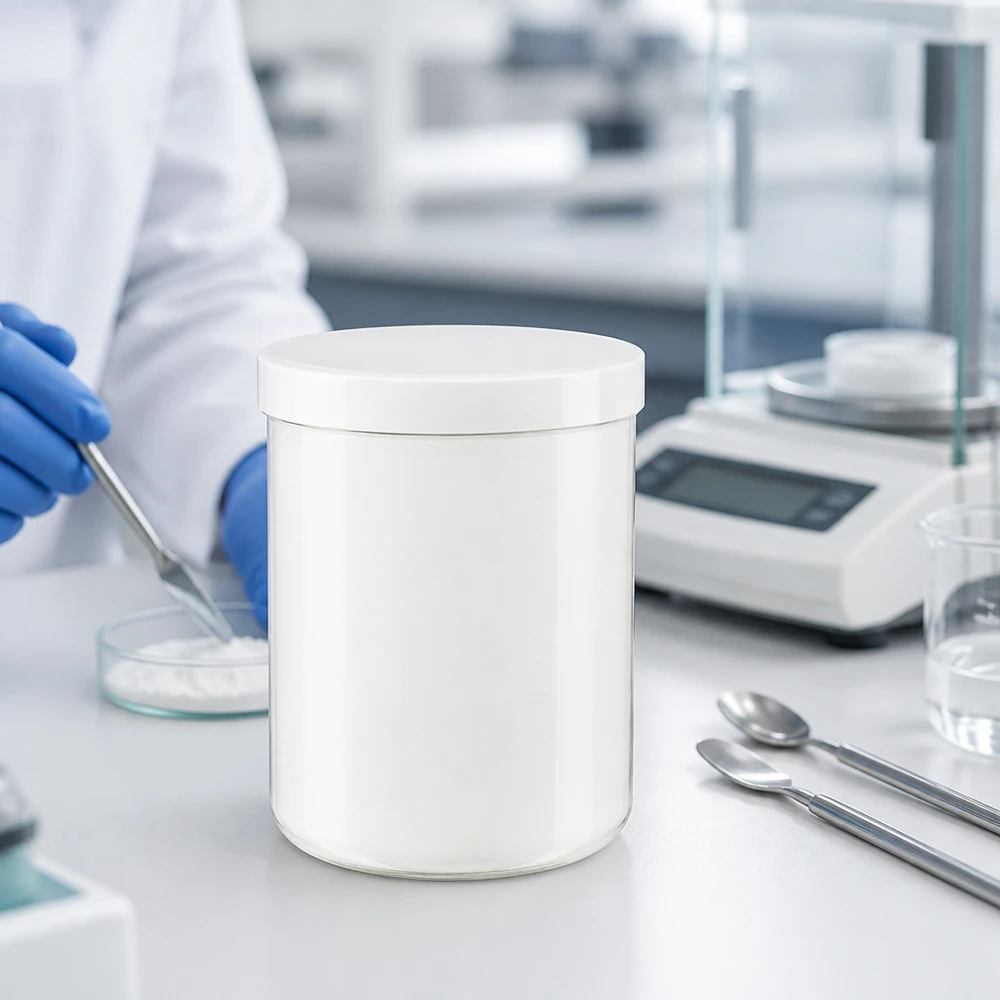 Tom salvorburk 1000 g, vit, PP, med lock, på laboratoriebänken bredvid analysvågen