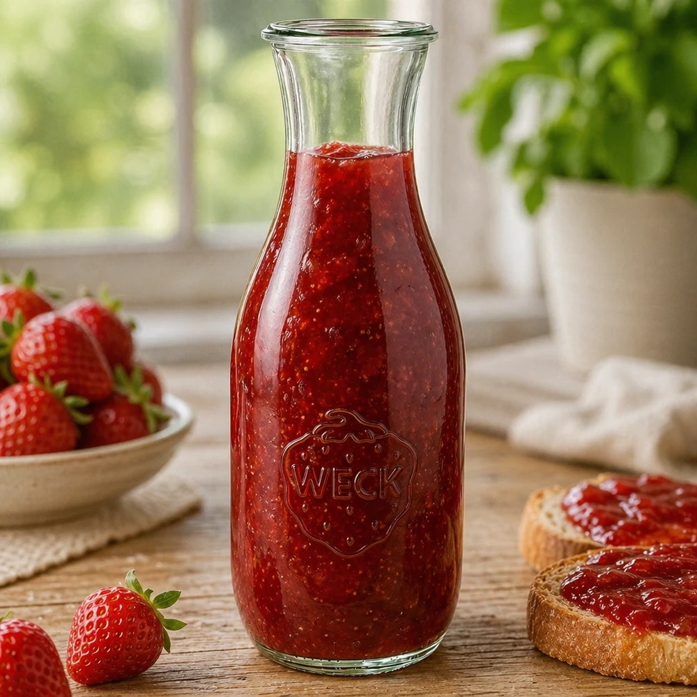 1062 ml juiceflaska WECK RR60 WECK juiceflaska 1062ml RR60 fylld med hemlagad jordgubbssylt bredvid brödskivor och färska bär