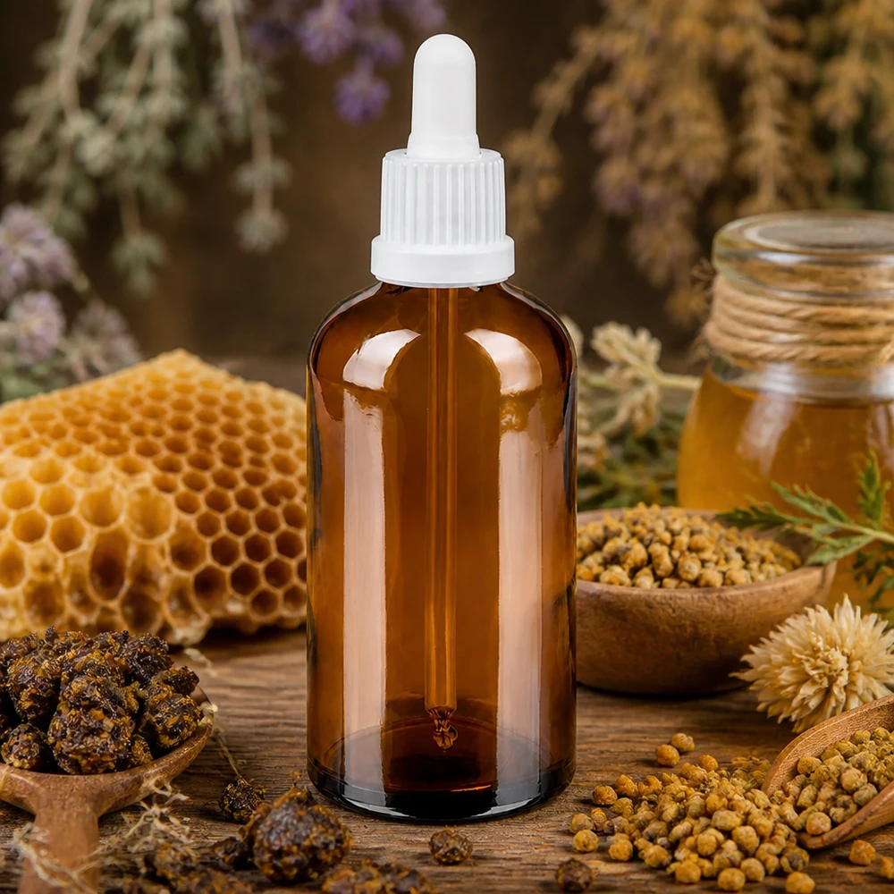 100 ml pipettflaska vit med säkerhetsförslutning BrownLine UT18/100 100 ml apoteksflaska med pipett i bärnstensfärgat glas för naturläkemedel och extrakt
