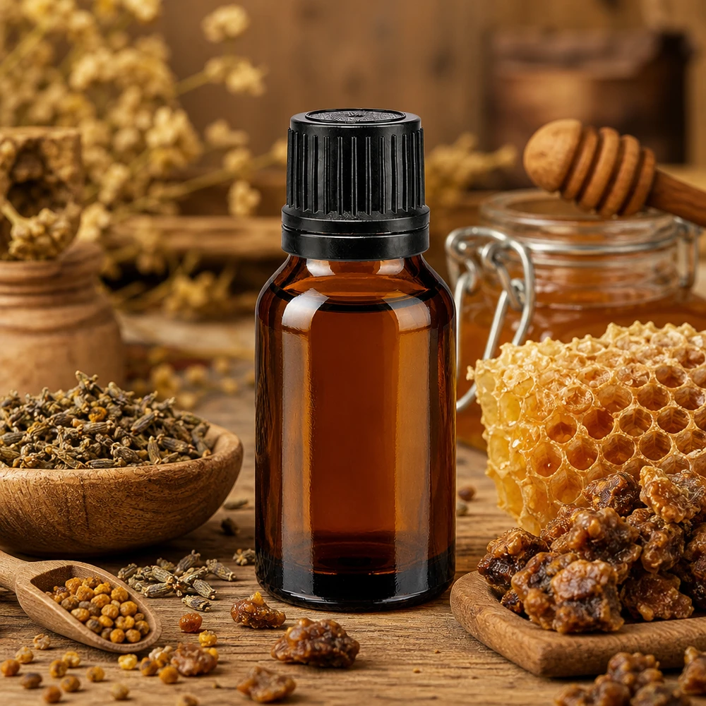Brun 15 ml apoteksflaska med skruvlock, mellan honungsvax, propolis och bipollen