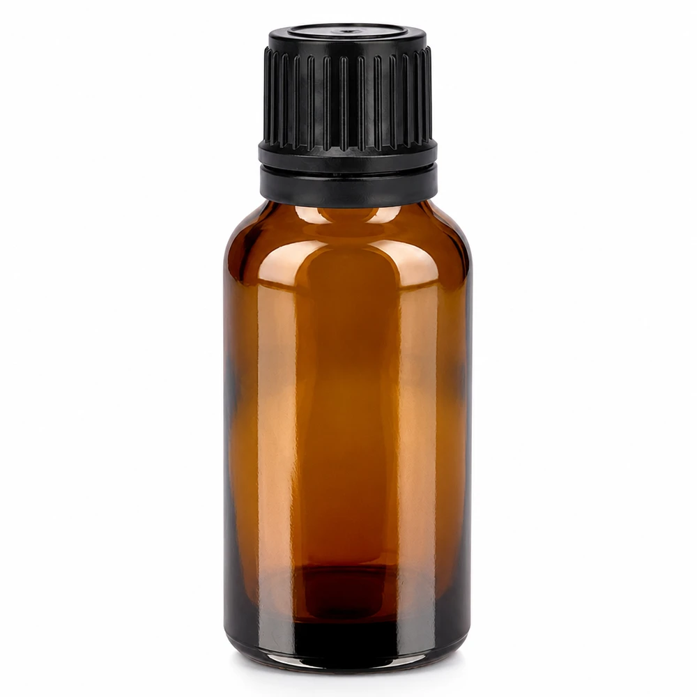 20 ml flaska 11mm skruvkork svart med säkerhetsförslutning BrownLine UT18/20 20 ml brun glasflaska med svart skruvlock för eteriska oljor och kosmetika