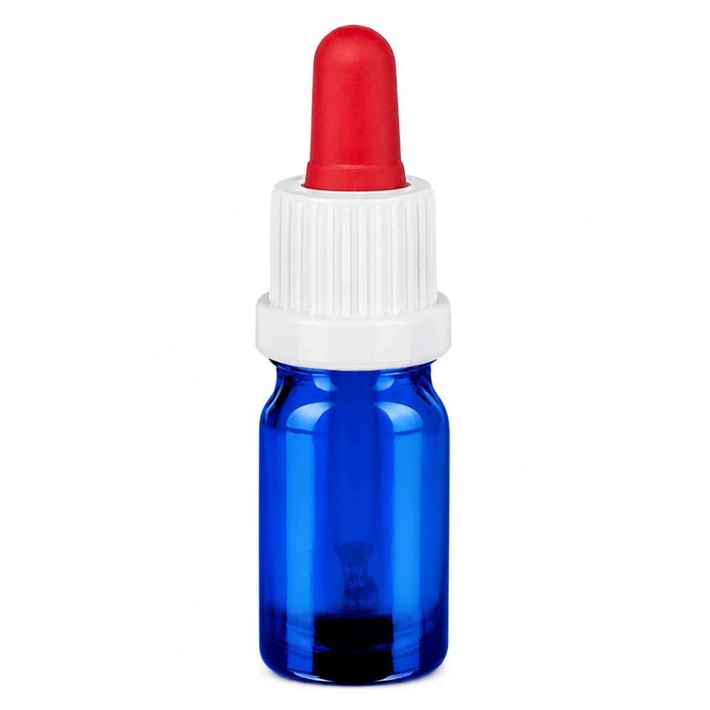 5 ml pipettflaska av blått glas med vitt lock och röd pipettansats för exakt dosering