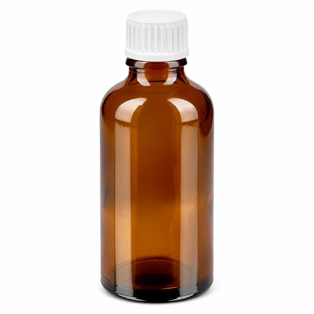 50 ml droppflaska i bärnstensfärgat glas med vitt lock och 0,9 mm droppinsats för exakt dosering
