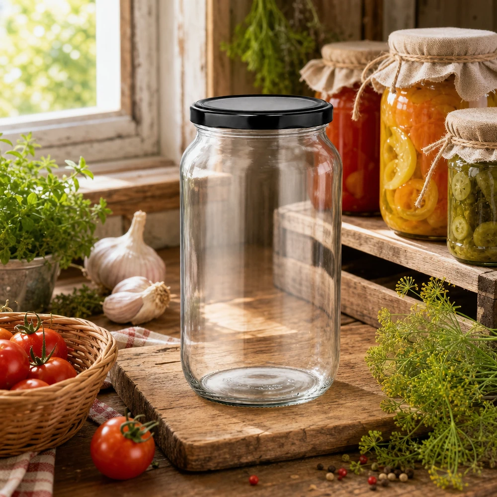 1062ml rund glasburk med BasicSeal-lock svart UNiTWIST 1062 ml rund burk med BasicSeal-lock i rustik köksdesign - mångsidig konserveringsburk för sylt och konserver