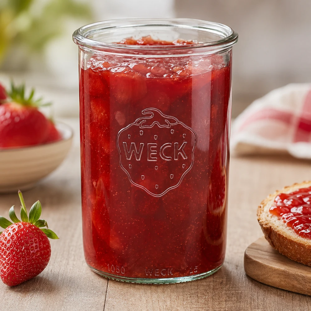 WECK 1000ml RR100 burk fylld med jordgubbssylt på ett träbord med färska jordgubbar och bröd